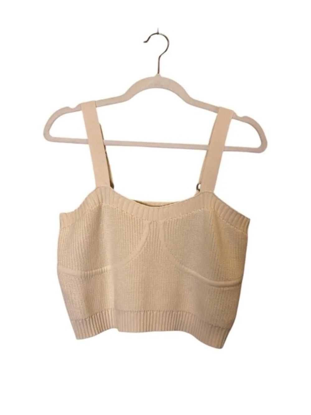 Beige Knit Cropped Tank Top with Wide Straps